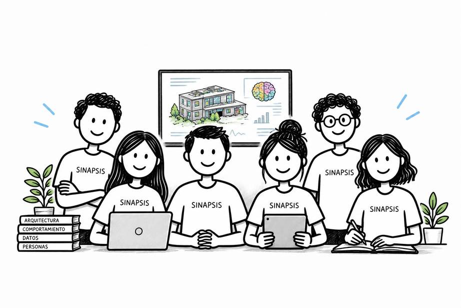 Ilustración del equipo Sinapsis conectando arquitectura, comportamiento, datos y personas.